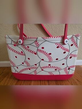 White & Pink Baseball Print Tote Bag